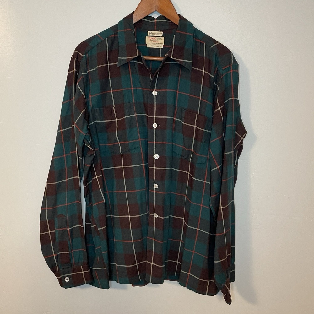 Vintage 1950's Green Plaid Shirt by Viyella by‎ Hathaway Size L Wool Blend